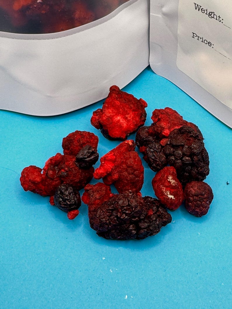 Freeze dried organic no apeel berry mix with strawberries, blueberries, blackberries, and raspberries