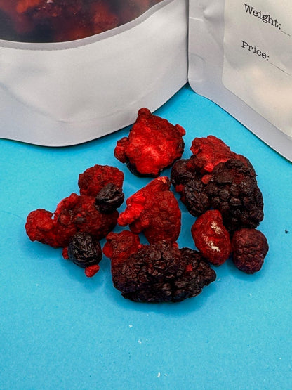 Freeze dried organic no apeel berry mix with strawberries, blueberries, blackberries, and raspberries